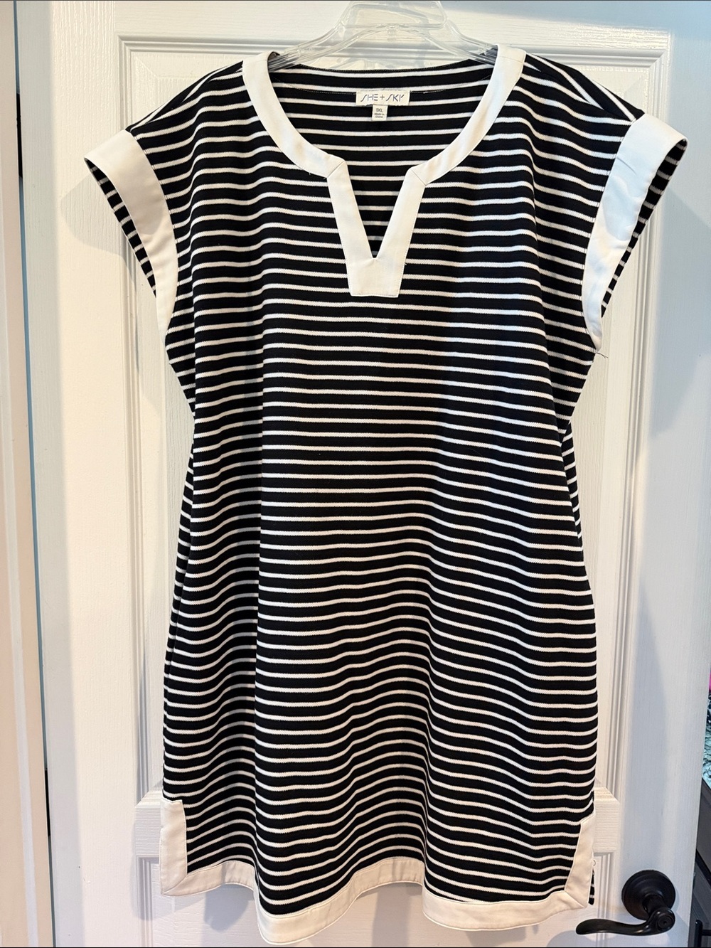 She + Sky Black and White Striped Notch-Neck Mini Dress